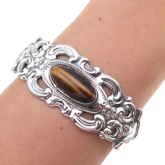 Unbranded Jewelry - Towle 925 Sterling Silver Vintage Real Tiger Eye Floral Adjustable Bracelet 6.5"